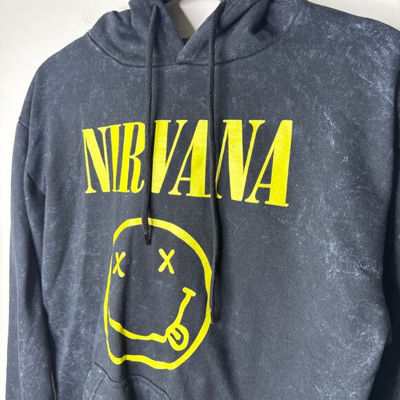 Nirvana Unisex Pullover Hoodie Sweatshirt Yellow Smiley Black Acid Wash SZ Small - Picture 3 of 7